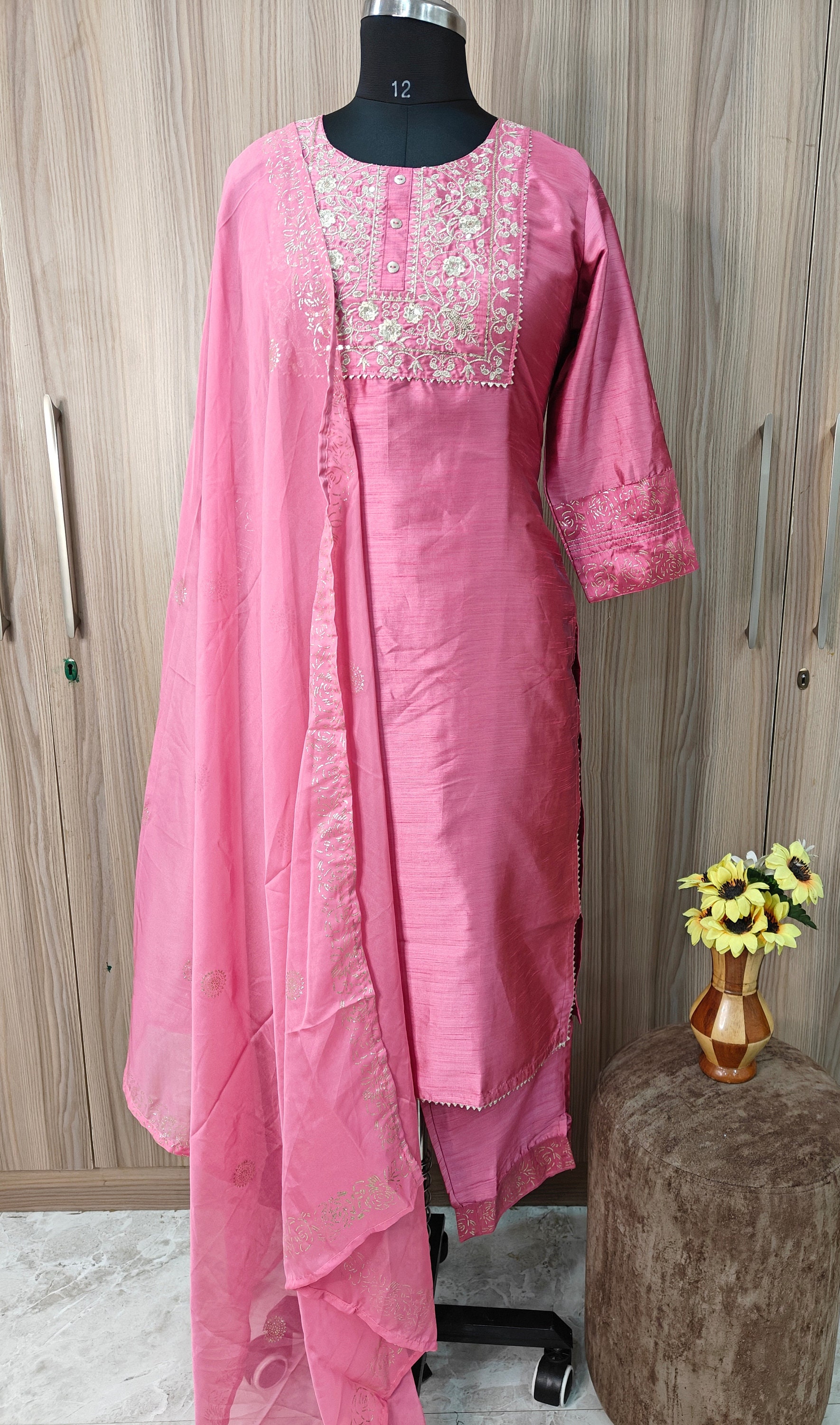 Silk Kurta Set - Pink Floral Embroidered Kurta Trousers & Dupatta - Indian Ethnic Wear - Dresses For Women - Party Wear - Kurti Dress