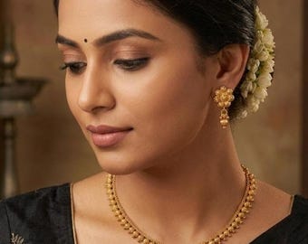 Collar antiguo de oro, collar indio, conjunto de collar de oro de un gramo, joyería india, joyería de templo, regalo para ella, collar de boda