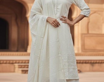 Pure Cotton Mirror Work Kurta Set / Embroidery Kurta/ Salwar Kameez Set/Indian Party Wear / Pakistani Suit/ XXL Plus Size/ Kurtis For Women