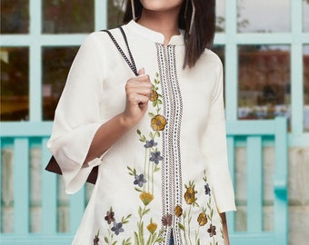 Tunics For Women Top Dress For Women - White Embroidered Cotton Tunic Kurti - Kurta Women Kurtis For Women - Tunics Tops - Summer Wear