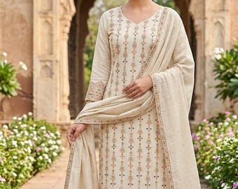 Silk Kurta Sets For Women - Beige Woven Design Kurta Trousers & Dupatta  - Indian Ethnic Wear - Dresses For Women - Party Wear - Kurti Dress