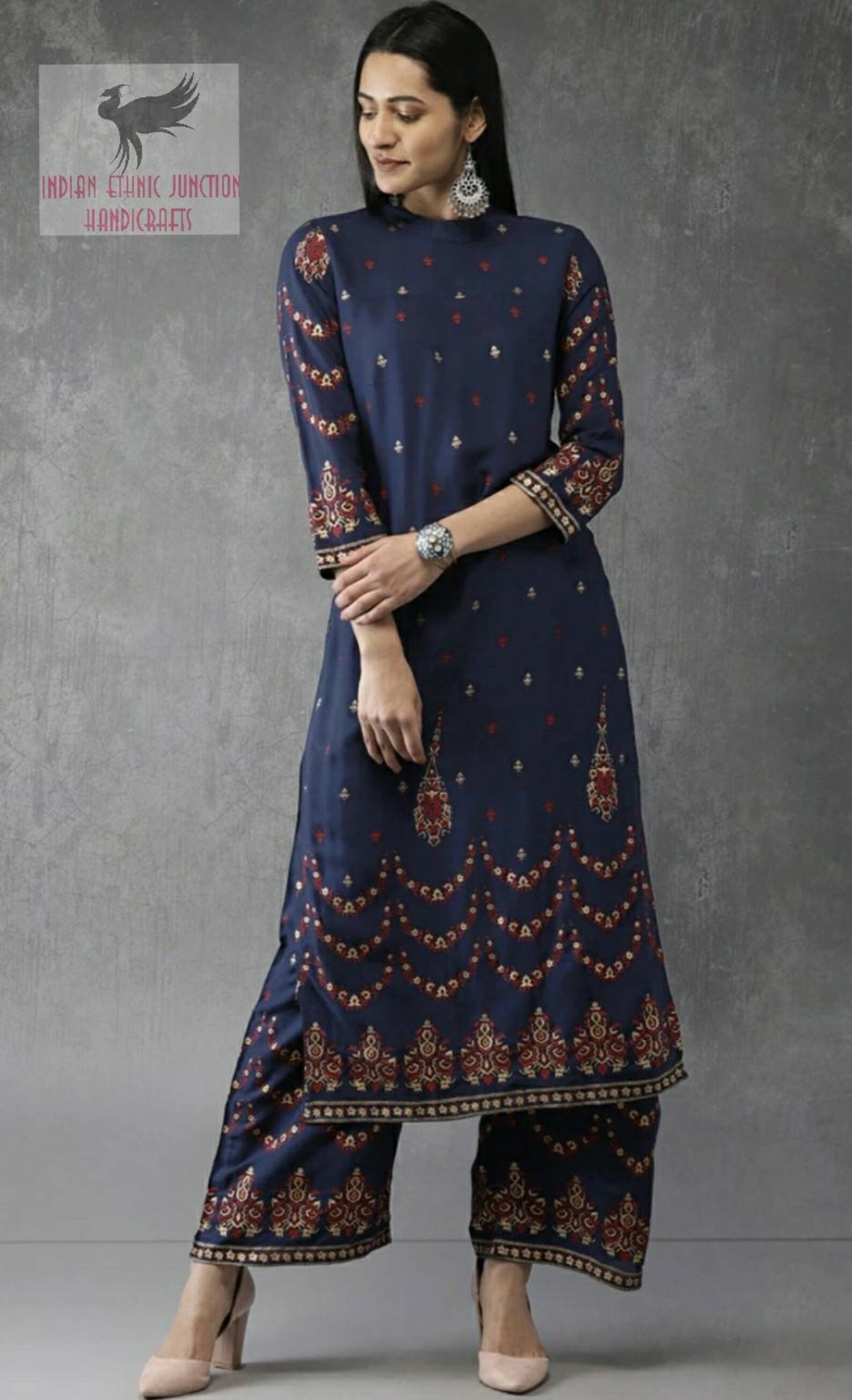 Indian Dress Women Navy Blue Printed Kurta With Palazzos Etsy