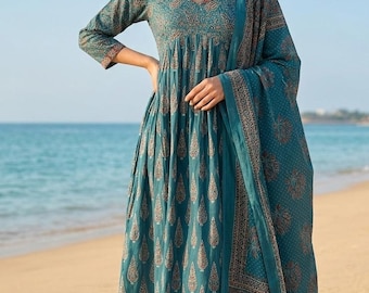 Kurta Set For Women - Cotton Anarkali Kurta Trousers & Dupatta  - Indian Ethnic Wear - Dresses For Women - Party Wear/ XXL Plus Size Kurta