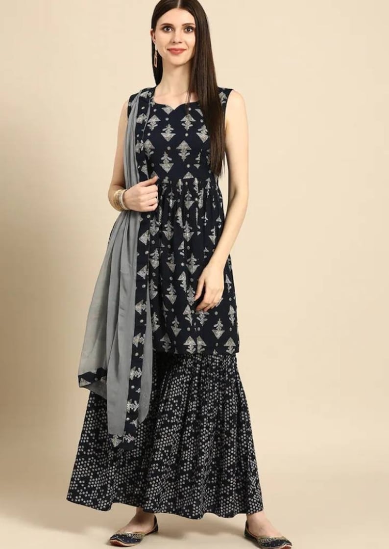 Women Navy Blue Cotton Kurta set