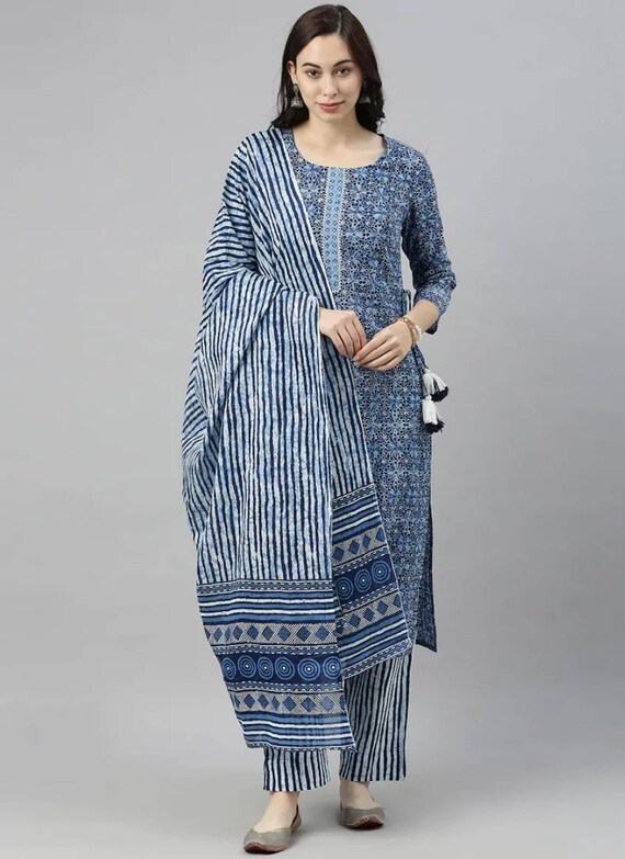 Kurta Set for Women Blue Printed Kurta With Trousers u0026 - Etsy