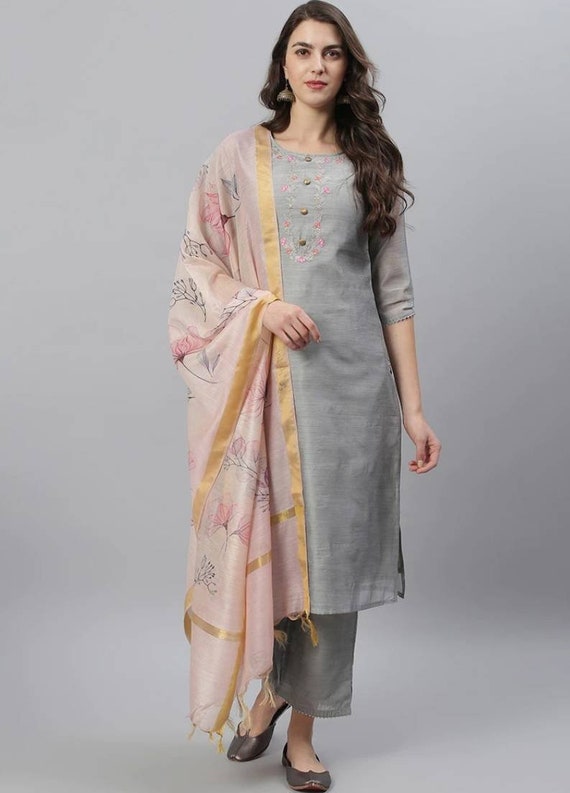 Women Round Neck And 3/4 Sleeves Breathable Silk Plain Grey Straight Kurti  Decoration Material: Cloths at Best Price in New Delhi | Zubic Exports  India Private Limited