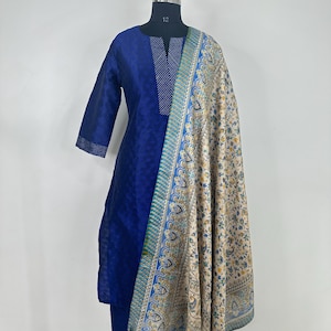Indian Party Wear -Blue Brocade Silk Embroidery Kurti Palazzo With Dupatta - Indian Dress/Kurti Trouser - Salwar Kameez - Pakistani Suit Set