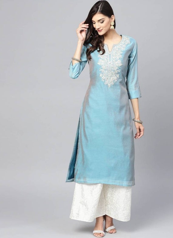 Buy Sky Blue Rayon Printed Readymade Kurti With Palazzo | Party Wear Kurtis