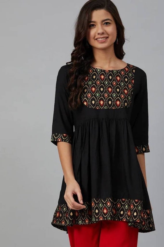 Women Black Velvet Embroidered Yoke Short Kurta