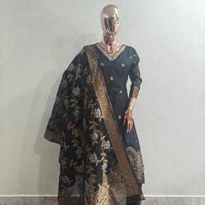 Black Wedding Kurta Set For Women - Woven embroidery Design Kurta Trousers & Dupatta  - Indian Ethnic Wear - Dresses For Women - Party Wear