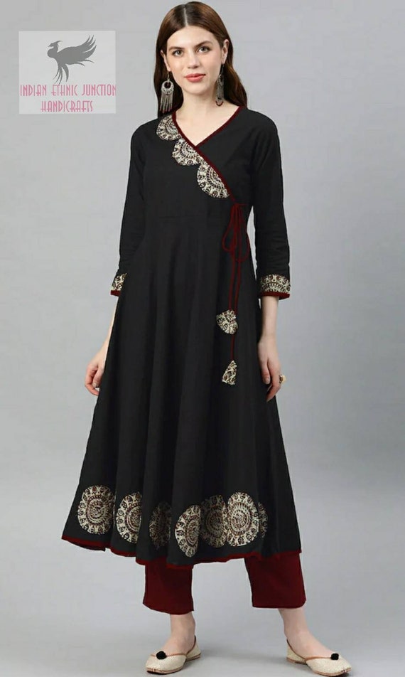 Kurta Women Black Solid A-Line Kurta with Appliques Indian | Etsy