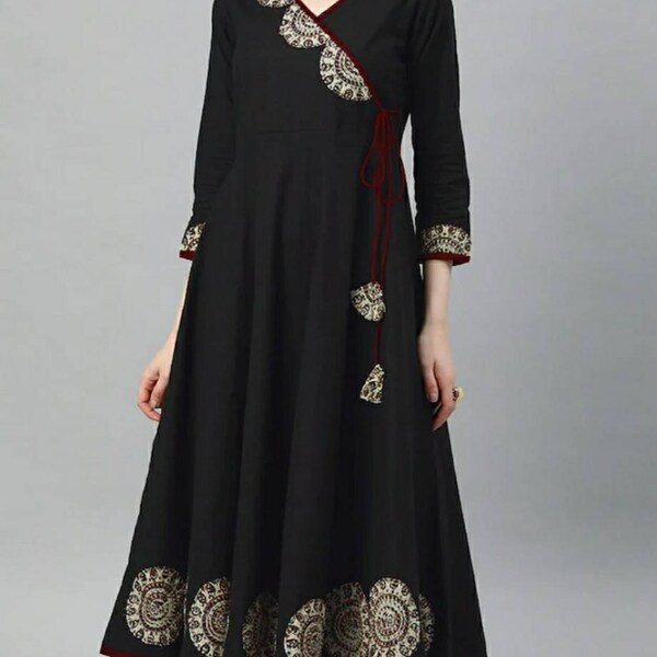 Kurta Women - Black Solid A-Line Kurta with Appliques - Indian Dress - Ethnic Wear - Kurtis For Women - Kurti Dress For Women