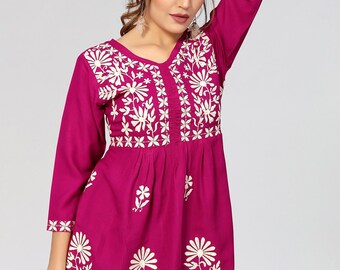 Hauts tuniques pour femme - Haut empire brodé floral - Kurta court - Kurtis pour femme - hauts d'été t-shirts t-shirt grande taille hauts bohèmes