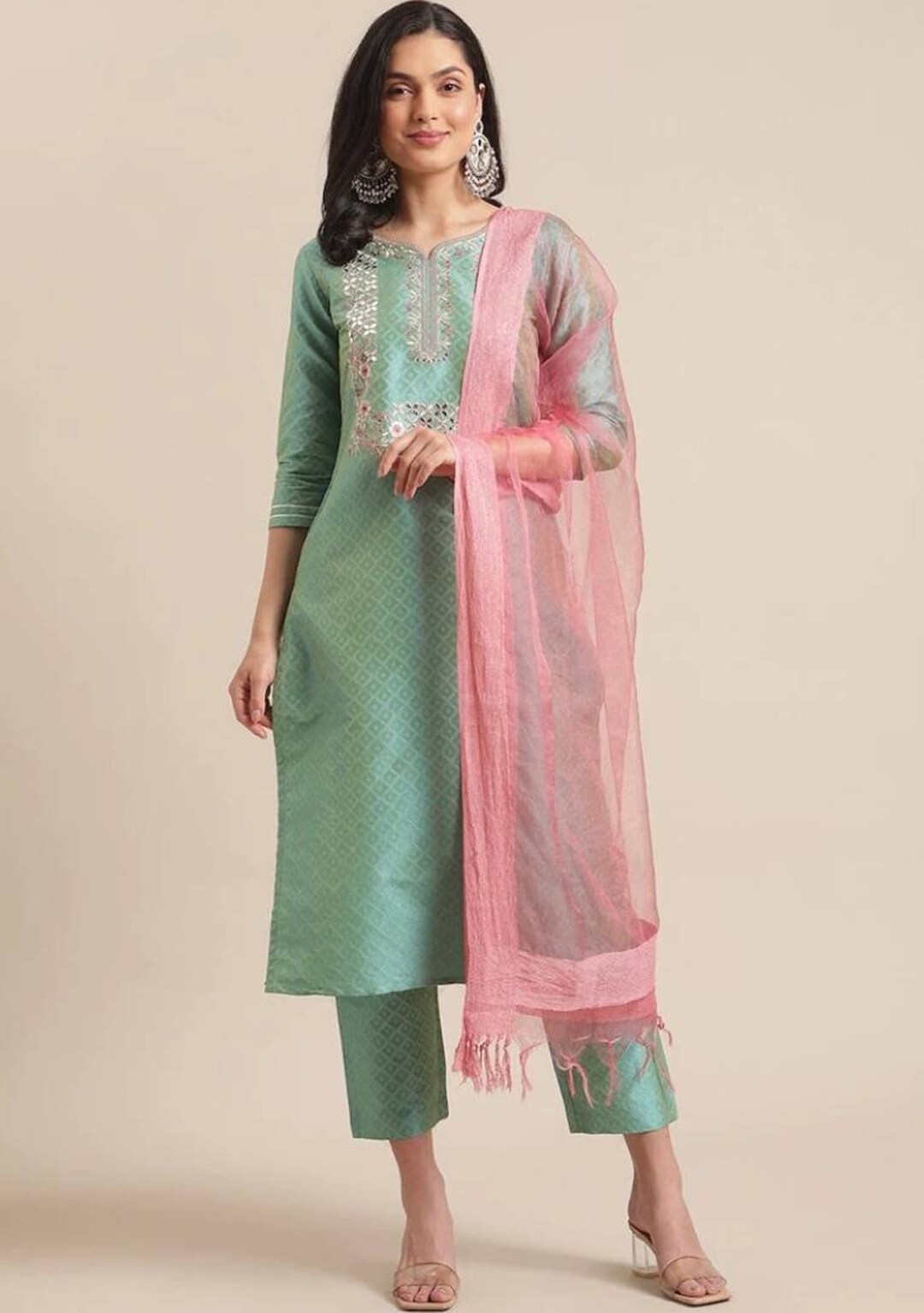 Buy Party Wear Kurta Set Sea Green Woven Design Kurta With Online in India  - Etsy