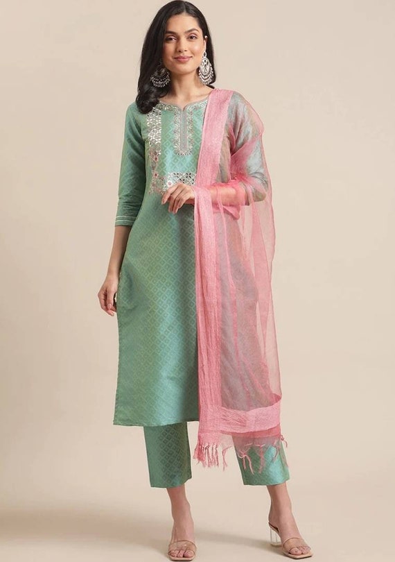 Party Wear Kurta Set Sea Green Woven Design Kurta With Trousers