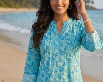 Blue Printed Pure Cotton Kurta Tunic Tops For Women - Cotton Top - Short Kurta - Kurtis/ Tops and Tees/ T-shirt Plus Size Tunic /Summer Wear