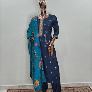 Kurta Set For Women - Blue Zari Embroidered Kurta Trousers & Dupatta  - Indian Ethnic Wear - Dresses For Women - Party Wear - Pakistani suit