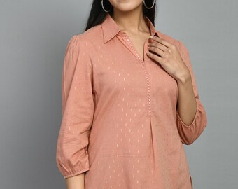 Pure Cotton Tunic Tops For Women - Peach & Gold Embroidered Tunic  - Short Kurta - Kurtis For Women - Summer Tops Tees T-shirt Boho Tops