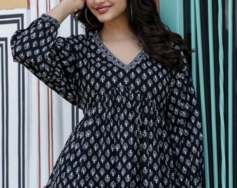 Túnica Kurti corta - Túnica superior imperio estampada negra de algodón puro para mujer - Túnica india - Tops étnicos de verano para mujer