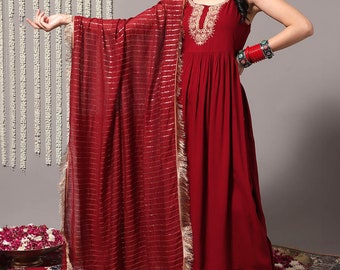 Sleeveless  Silk Kurta Set - Party Wear Sleeveless Dress - Indian Wedding Suit - Maroon Embroidered Kurta with Trousers & Dupatta