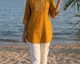 Túnicas femininas nos tamanhos 5XL e 6XL | Túnica mostarda em algodão liso com detalhes bordados | Túnica étnica indiana | Kurtis curtas femininas | Roupa de verão