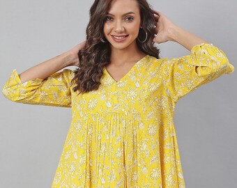 Pure Cotton Tunic Tops For Women - Yellow Printed Empire Top - Short Kurta - Kurtis For Women - Summer Tops Tees T-shirt Plus Size Boho Tops