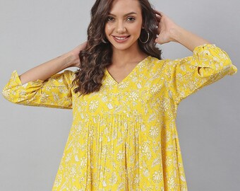 Reine Baumwolle Tunika Tops für Frauen - Gelb Bedrucktes Empire Top - Kurz Kurta - Kurtis Für Frauen - Sommer Tops Tees T-shirt Plus Size Boho Tops