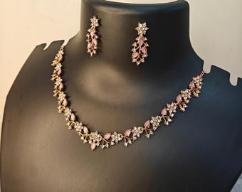 Gold Necklace, CZ Necklace, Delicate Necklace, Indian Necklace Set, Indian Wedding Jewelry, American Diamond Necklace, Wedding Necklace