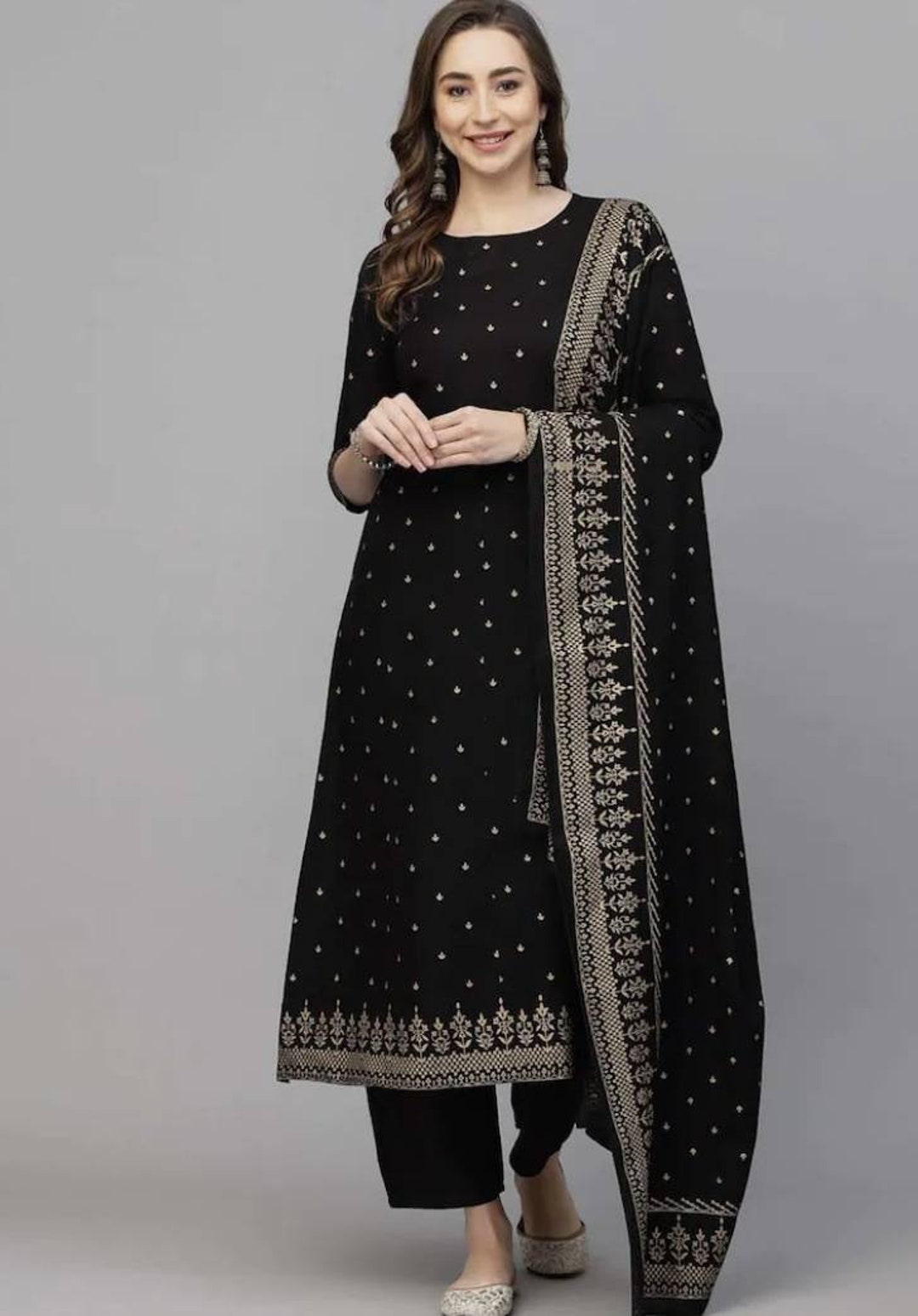 Black A-line Kurta Set Indian Dress Ethnic Wedding Dress Ethnic Printed ...
