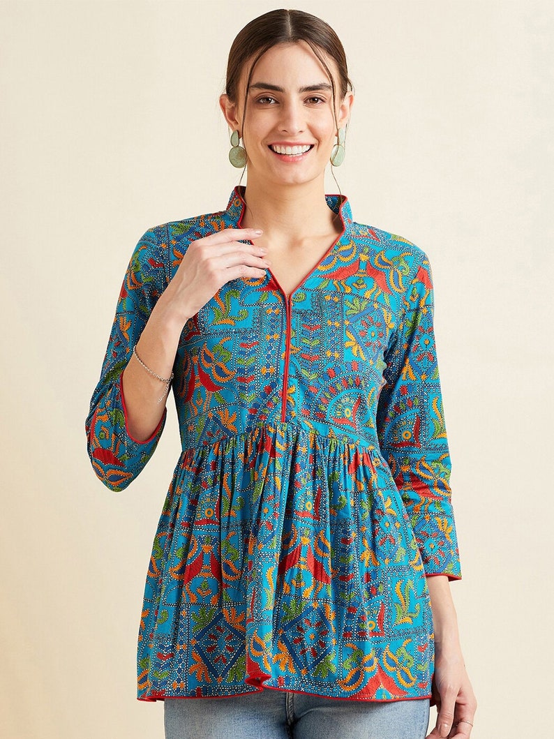 Tuniques pour femme Tunique en coton bleu et rouge Kalamkari Kurti Kurta Women Kurtis pour femme Tuniques Hauts Vêtements d'été image 2