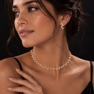 Collar de oro antiguo, gargantilla oxidada, collar de novia, conjunto de joyas de circonita cúbica, joyería de boda india, collar chapado en oro de 24 quilates, estilo étnico.