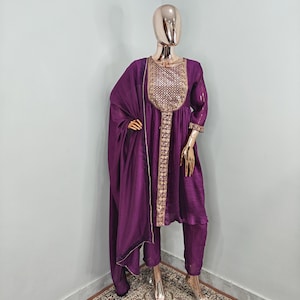 Indian Party Wear For Women- Purple Zari Detail Anarkali Kurta With Trouser and Dupatta/ Silk Kurta / Salwar Kameez - Anarkali Kurta Set Wom