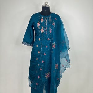 Teal Blue Silk Kurta Set - Zari Embroidry Salwar Kameez Set/ Indian Party Wear/ Dresses For Women /Kurta Palazzo Set - XXL Plus Size Kurta S