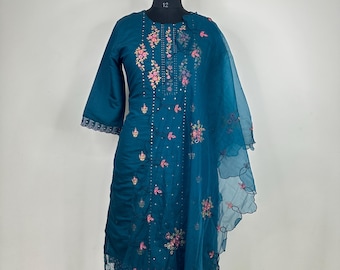 Conjunto de kurta de seda azul verdoso - Conjunto de salwar kameez con bordado zari / Ropa de fiesta india / Vestidos para mujer / Conjunto de kurta palazzo - Kurta XXL talla grande S