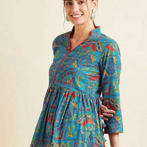 Tuniken für Frauen, Top-Kleid für Frauen Blaue und rote Kalamkari-Baumwoll-Tunika Kurti Kurta-Damen-Kurtis für Frauen Tuniken-Tops Sommerkleidung Bild 1