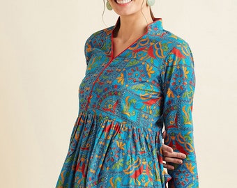 Tuniken für Frauen, Top-Kleid für Frauen – Blaue und rote Kalamkari-Baumwoll-Tunika Kurti – Kurta-Damen-Kurtis für Frauen – Tuniken-Tops – Sommerkleidung