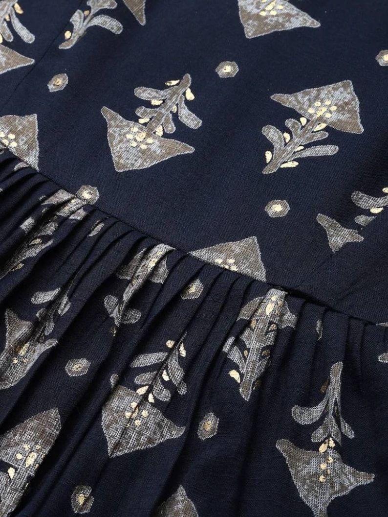Navy Blue Printed Sleeveless Cotton Front Slit Kurta