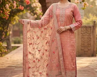 Silk Kurta Sets For Women - Peach Woven Design Kurta Trousers & Dupatta  - Indian Ethnic Wear - Dresses For Women - Party Wear - Kurti Dress