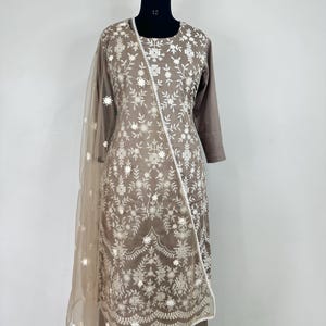 Cotton Silk Kurta Set/ Gray Embroidered Kurta Trousers & Dupatta  - Indian Ethnic Wear - Dresses For Women /Party Wear - Plus Size Kurta Set