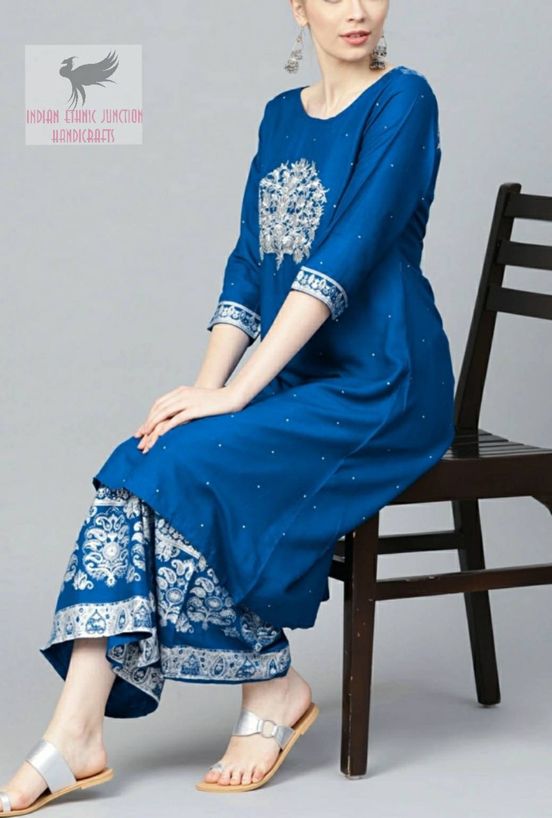 Kurta Set Blue & White Printed Kurta With Palazzos Indian Dress Ethnic ...