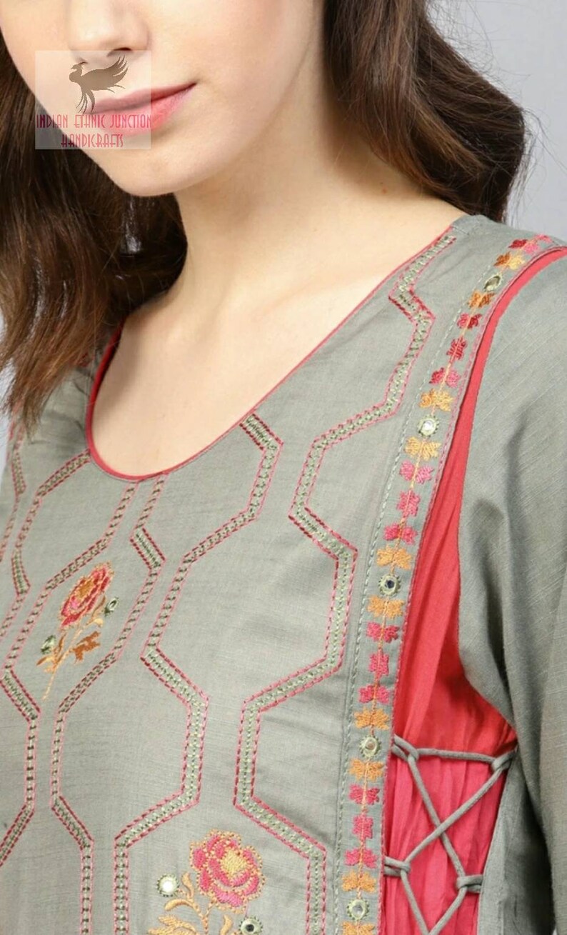 Beautiful Women Grey /& Pink Embroidered Layered A-Line Kurta Ethnic Wear Long Kurti Indian Outfit - Kurti Dress For Girls Women