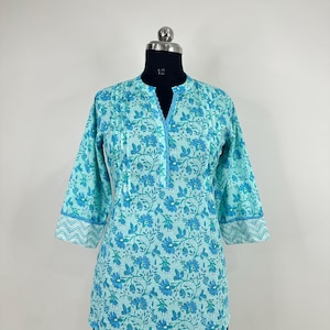 Blue Printed Pure Cotton Kurta Tunic Tops For Women - Cotton Top - Short Kurta - Kurtis/ Tops and Tees/ T-shirt Plus Size Tunic /Summer Wear