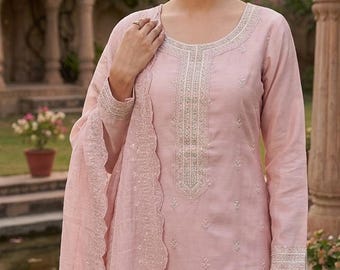 Silk Kurta Sets For Women - Pink Embroidery Design Kurta Palazzo & Dupatta  - Indian Ethnic Wear - Dresses For Women - Party Wear - Kurti