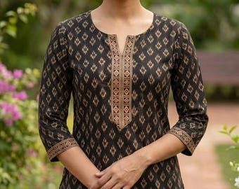 Indian Tunics For Women - Black Printed Cotton Summer Tunic Top/ Kurti For Women - Short Kurta Top - Summer Tops Tees - Cotton Tunics Women