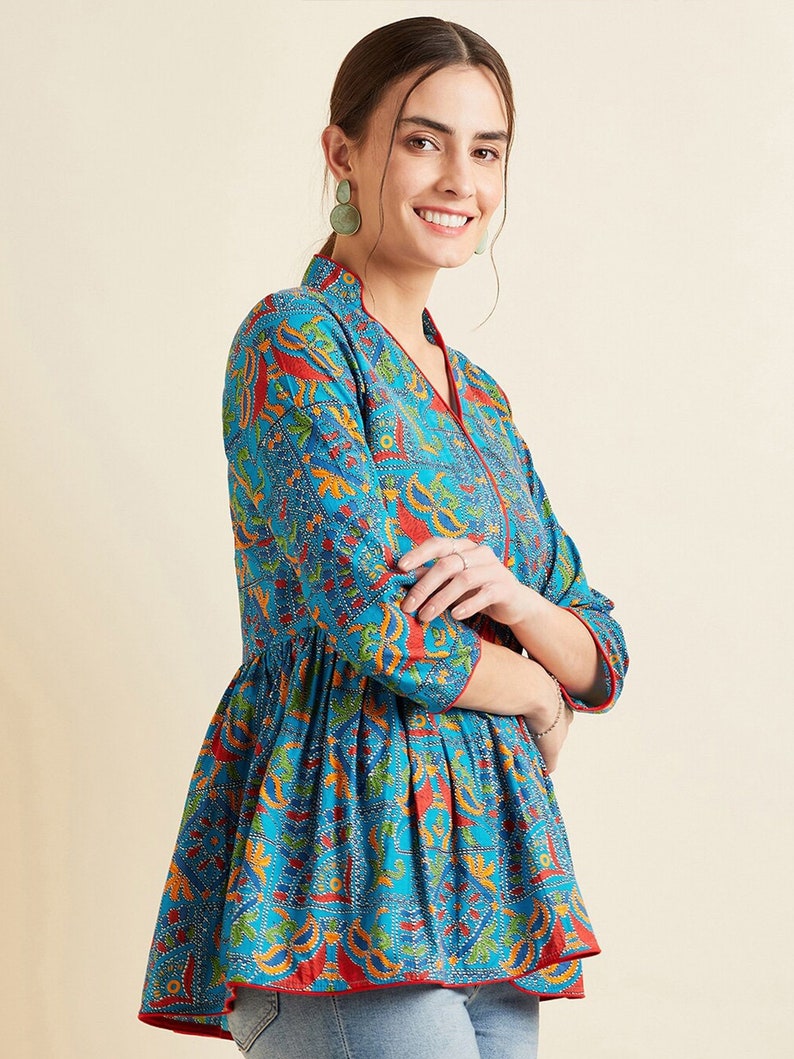 Tuniques pour femme Tunique en coton bleu et rouge Kalamkari Kurti Kurta Women Kurtis pour femme Tuniques Hauts Vêtements d'été image 4