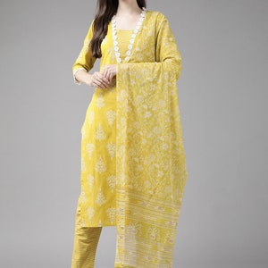 Pure Cotton Kurta Set Yellow Printed Kurta with Palazzos & Dupatta - Indian Summer Wear - Kurti With Palazzos - Salwar Kameez Set