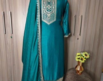 Silk Kurta Set - Teal Green Embroidered Kurta Trousers & Dupatta  - Indian Ethnic Wear - Dresses For Women - Party Wear - Kurti Dress