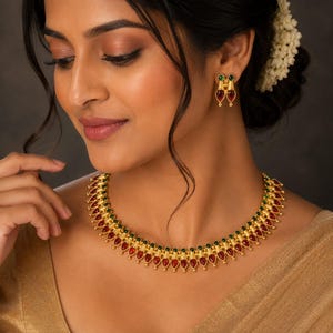 Red Ruby Gold Necklace, Indian Necklace, One Gram Gold Necklace Set, Indian Jewelry, Temple Jewelry, Gift For Her, Wedding Necklace
