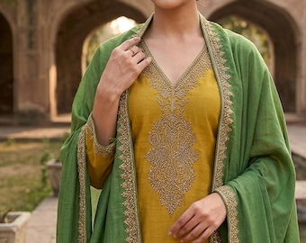 Indian Silk Party Wear / Kurta Set For Women - Yellow Green Embroidered Kurta Trousers & Dupatta  - Indian Ethnic Wear - Dresses For Women
