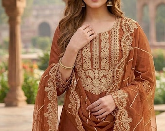 Indian Party Wear Dress For Women - Kurta Sets For Women - Orange Embroidered Straight Kurta With Trousers & Dupatta - Wedding Salwar Kamez